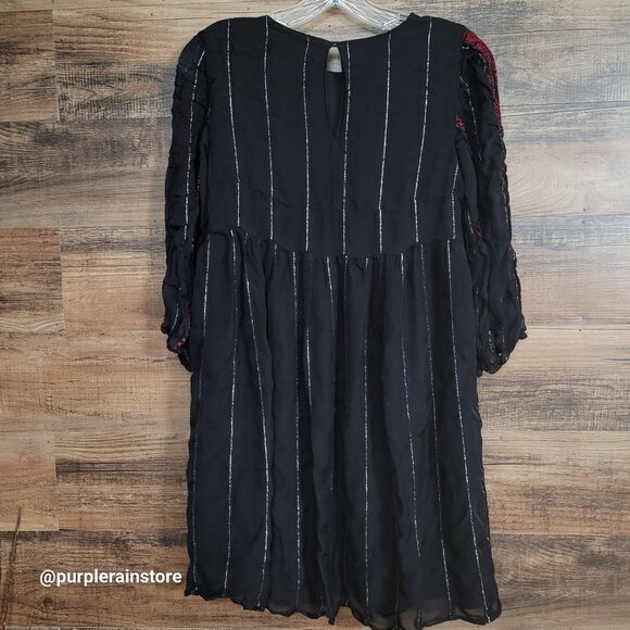 Zara Baby Doll Mini Dress S Chiffon Floral Embroidered Silver Metallic Detail - Picture 3 of 9